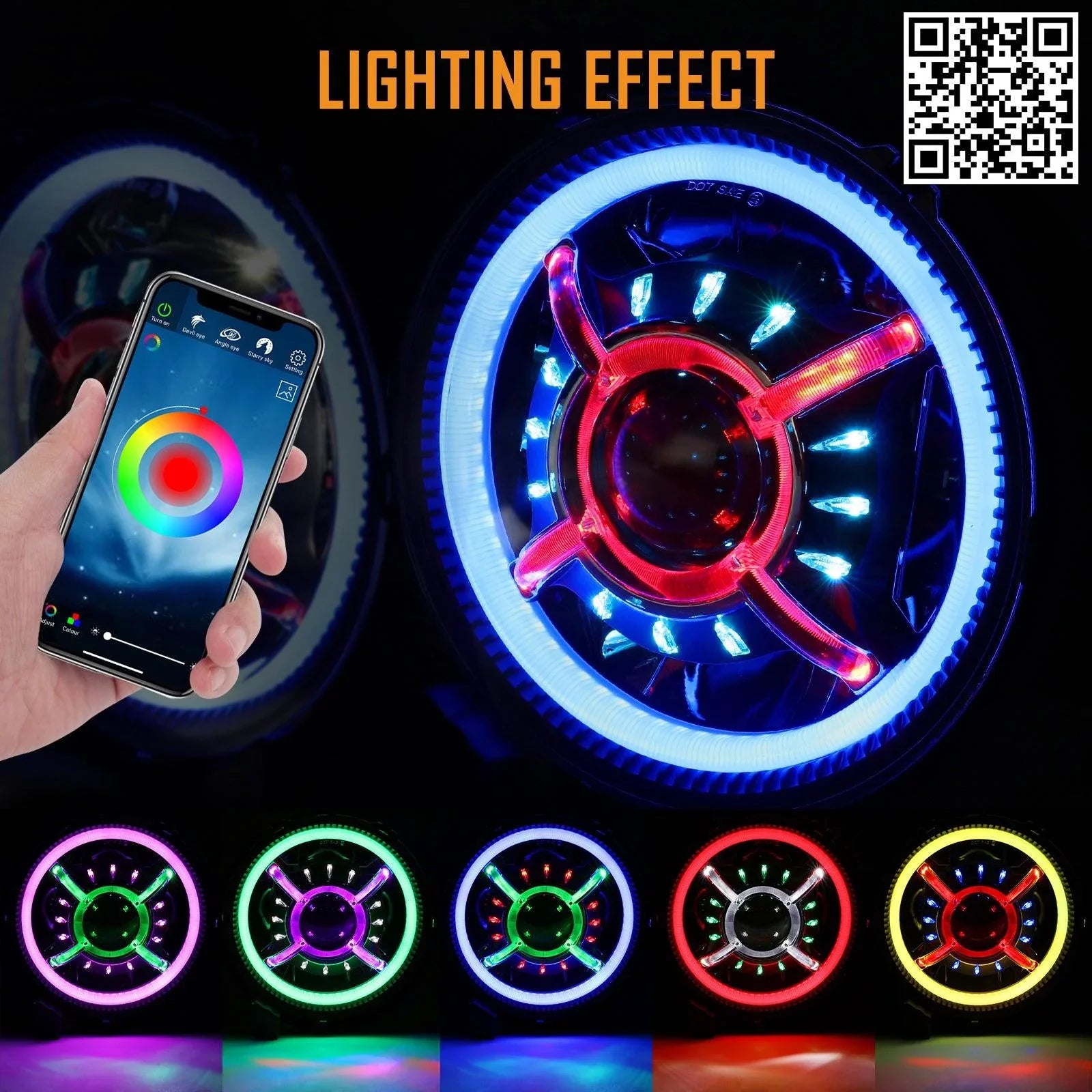 9 inch RGB Headlights Replacement Bluetooth control for Jeep