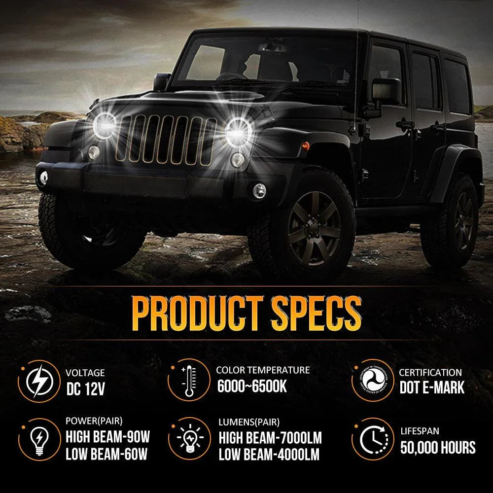 7 Inch 90W DOT Approved LED Headlights with Halo Ring DRL & High