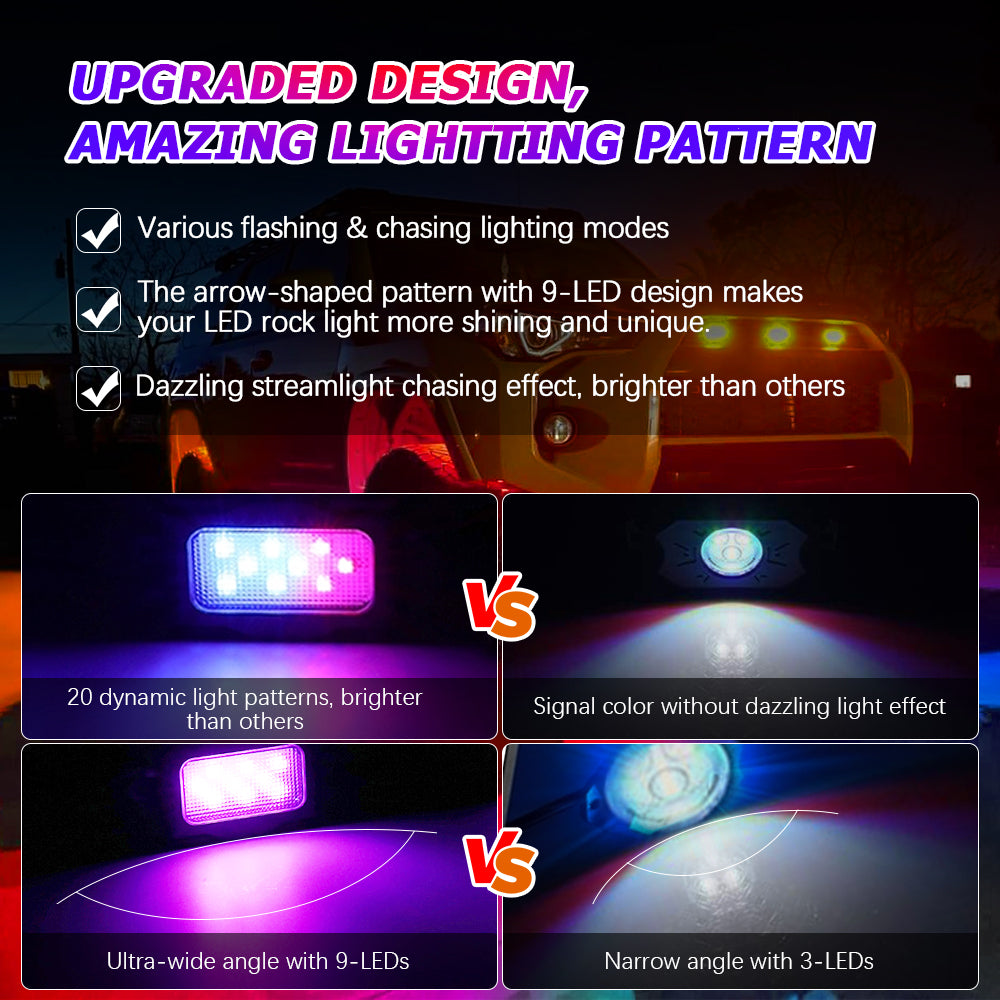 Upgraded Version! Magic Dream Color RGB LED Rock Lights Kit with Bluetooth  APP Control, Multicolor Chasing Neon Underglow Lights