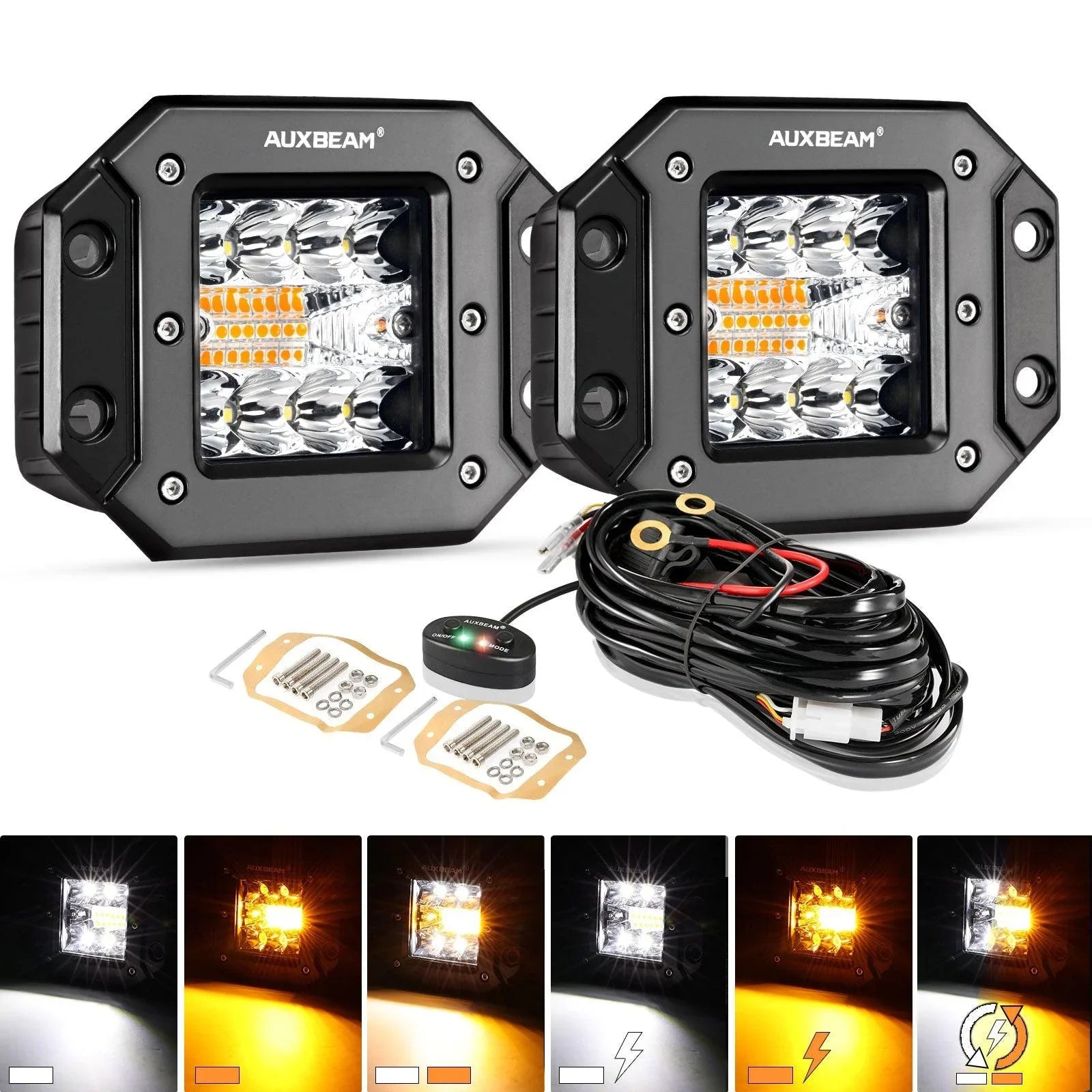 3 inch 6 Modes White&Amber LED Square Light Pod Working Lights with Wiring Harness for Toyota Tundra TRD 4x4 Off-Road 3