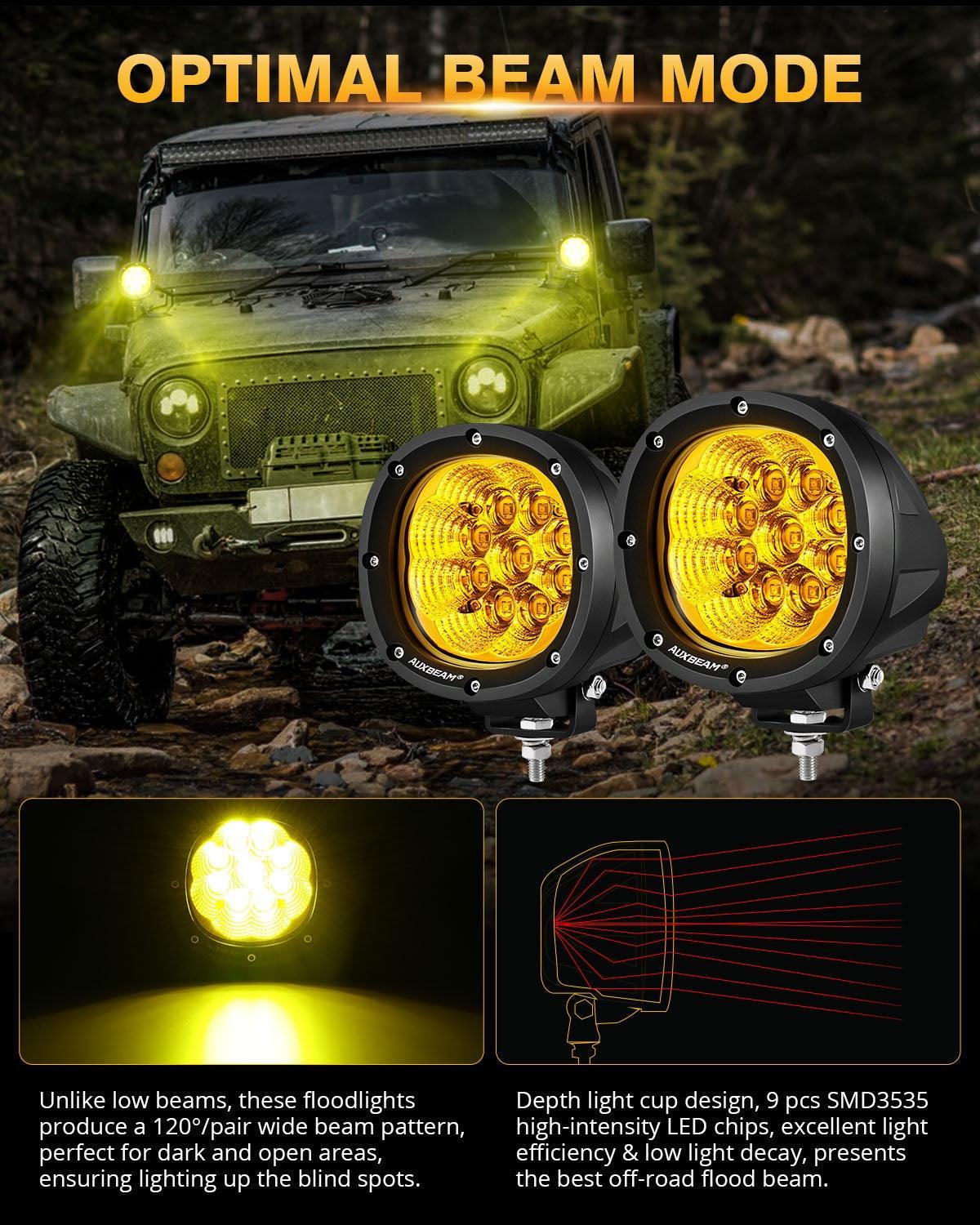 Auxbeam® 4 inch 90W round led pods flood yellow light | off road
