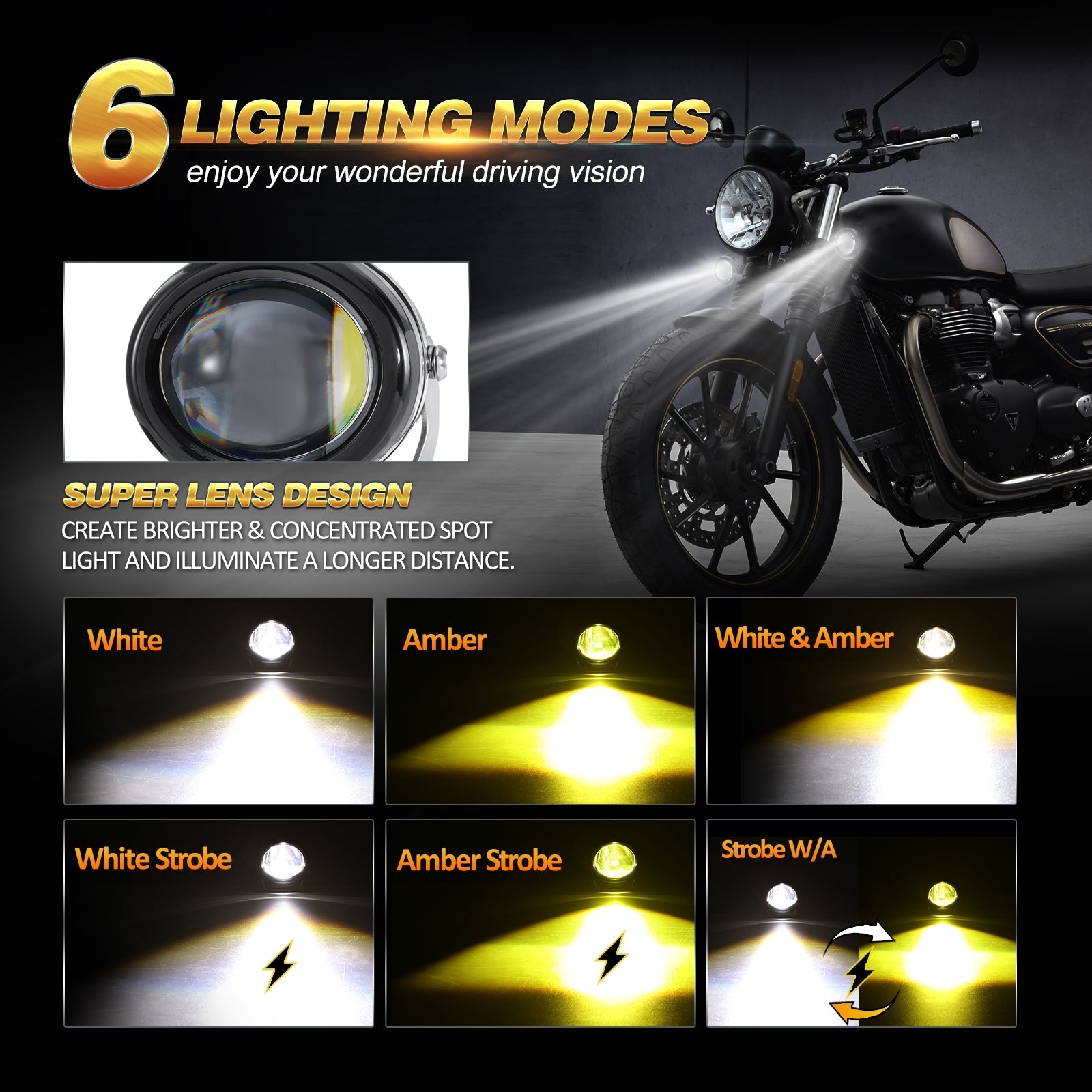 3 Inch 6 Modes White & Amber LED Round Driving Lights Motorcycle