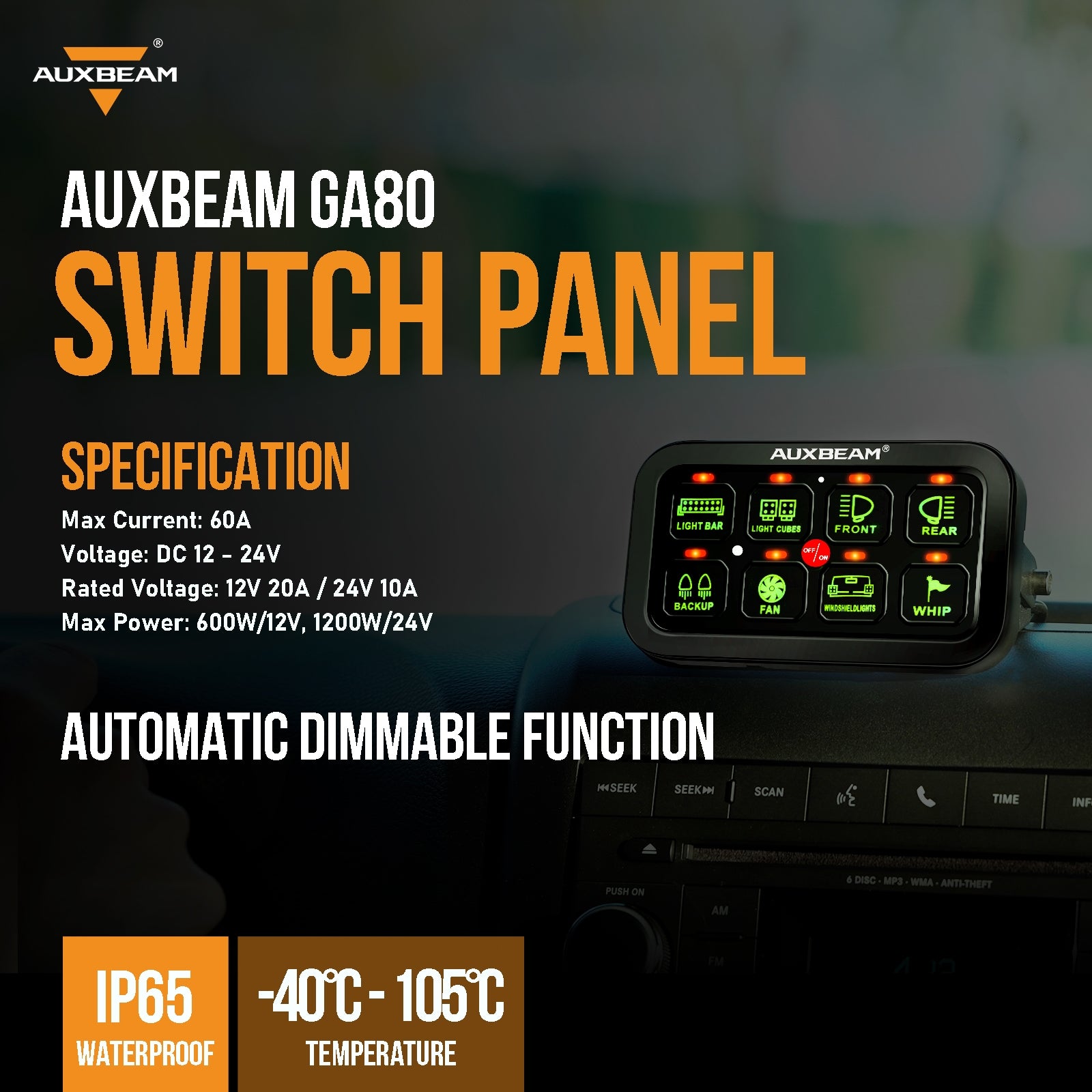 Auxbeam Gang Switch Panel GB80, Universal Circuit Control Relay System Box with Automatic Dimmable On-Off LED Switch Pod Touch Switch Box for Car Pi - 3